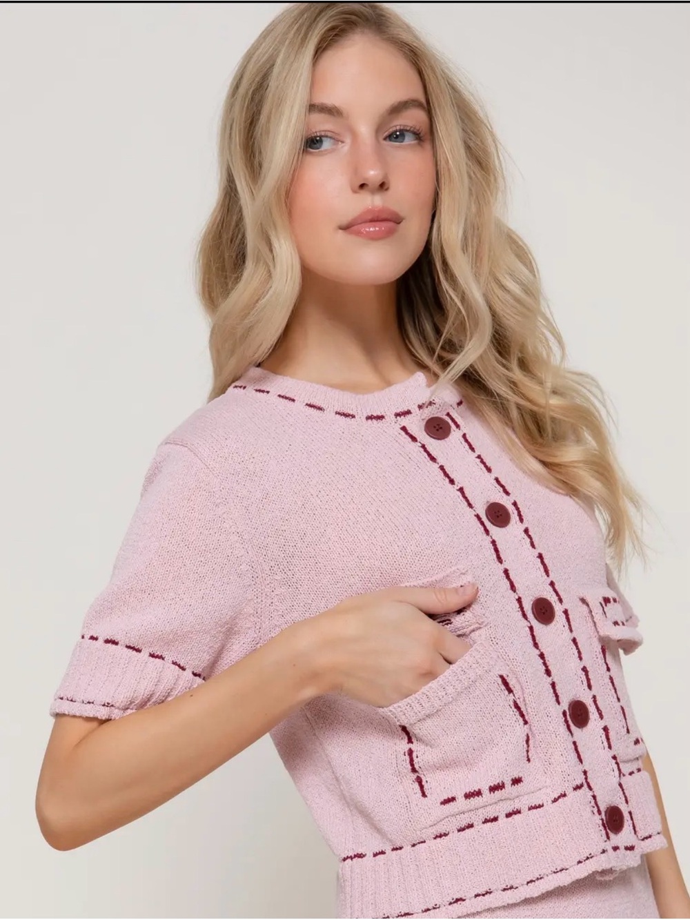 Ontheblvrd Pink Short-Sleeve Cardigan set with Contrast Stitching